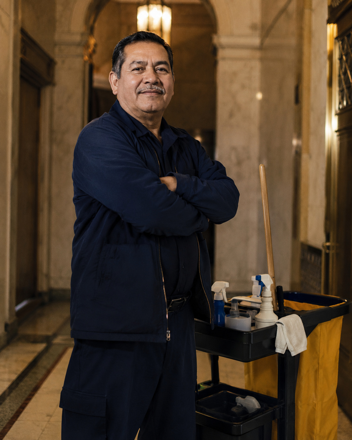 Custodial staff member with a cleaning cart in a marble building lobby