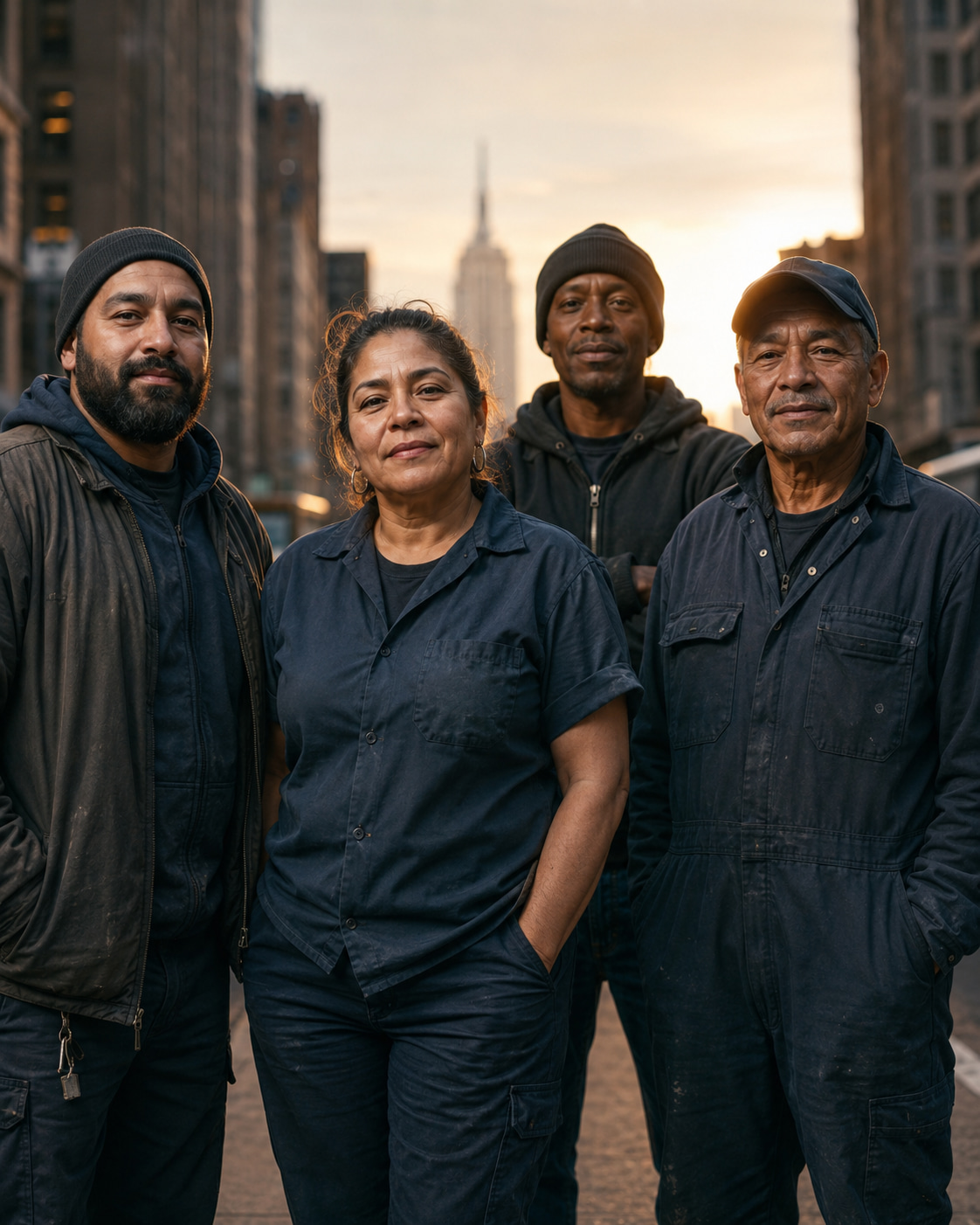 Group of building service workers standing together on a New York City street