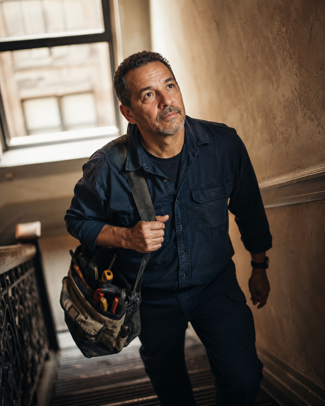 Handyman carrying a tool bag through a building stairwell