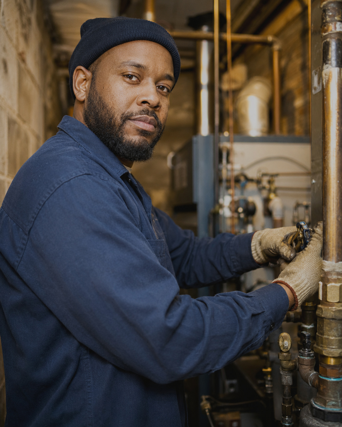 Maintenance worker repairing pipes in a building utility room