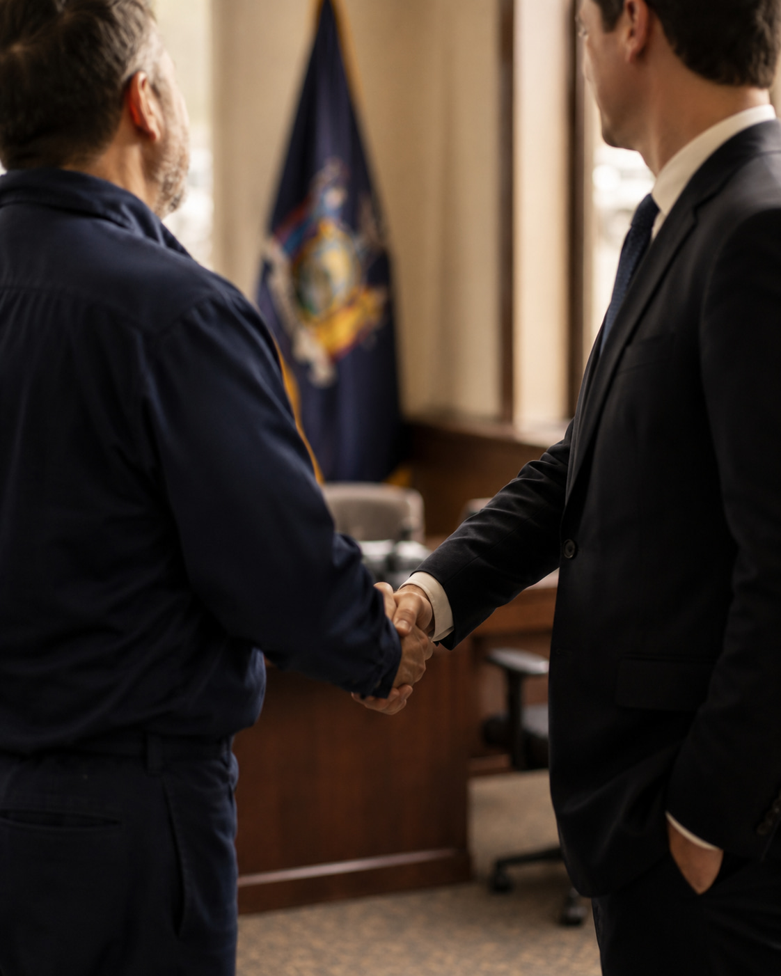 Building service worker shaking hands with a New York elected official