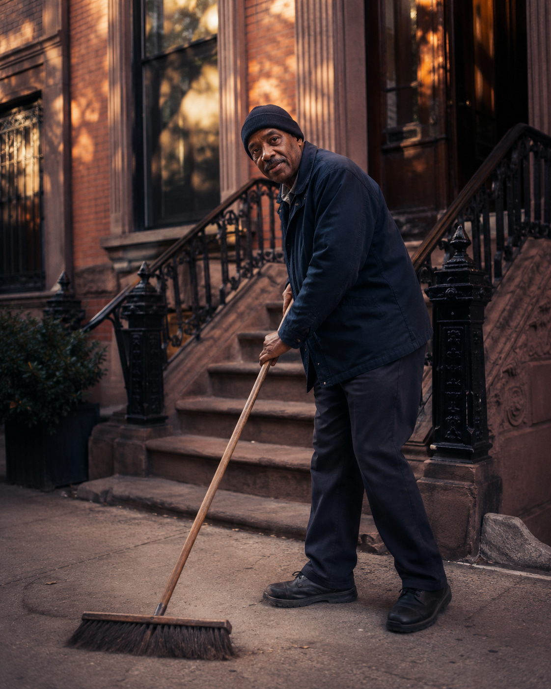 Building superintendent standing at the entrance of a New York residential building