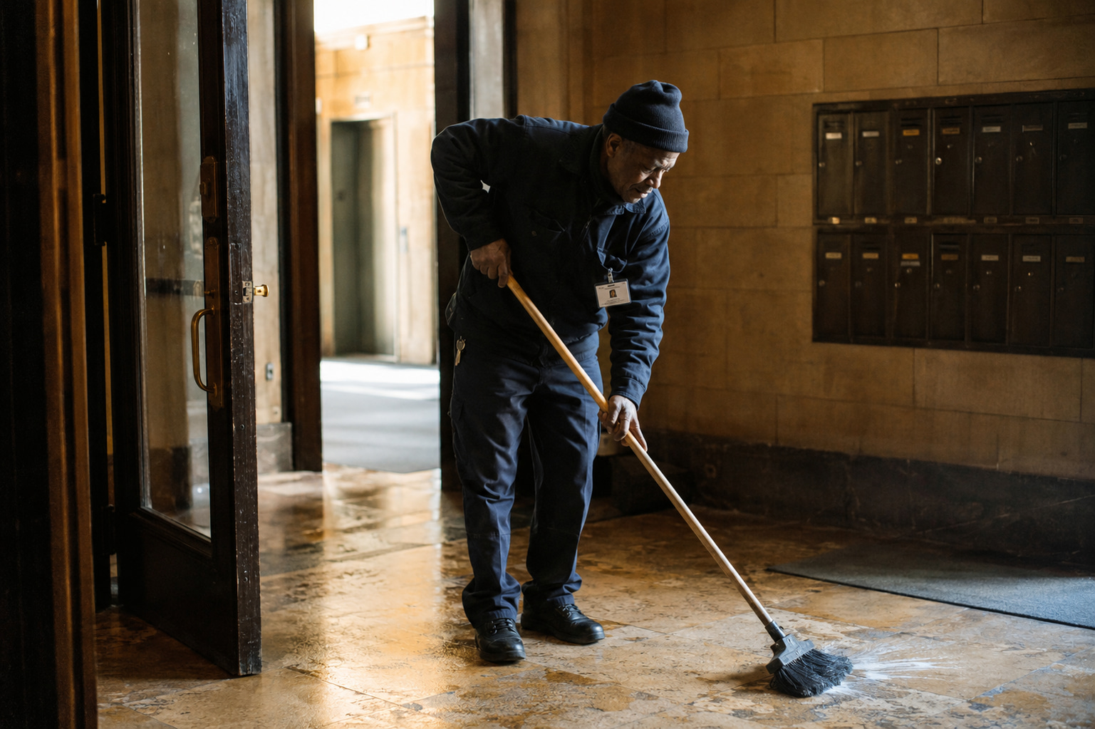 Building custodian mopping the entrance hall of a New York apartment building